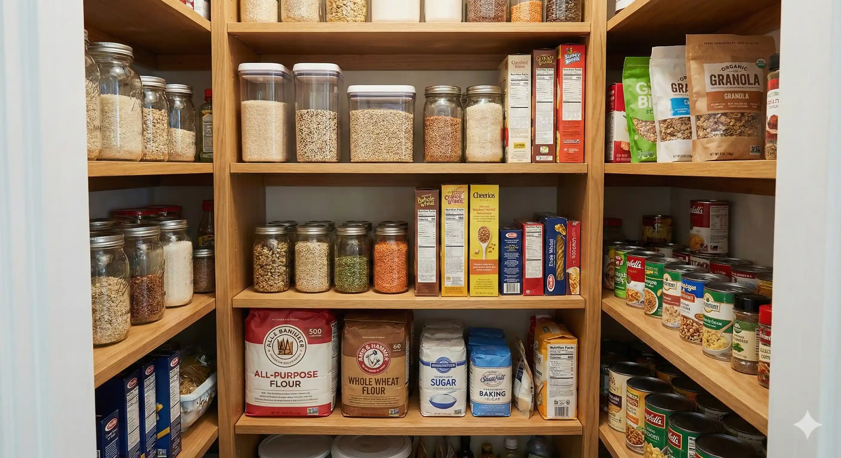 Pantry with stored food products susceptible to pantry moth infestation