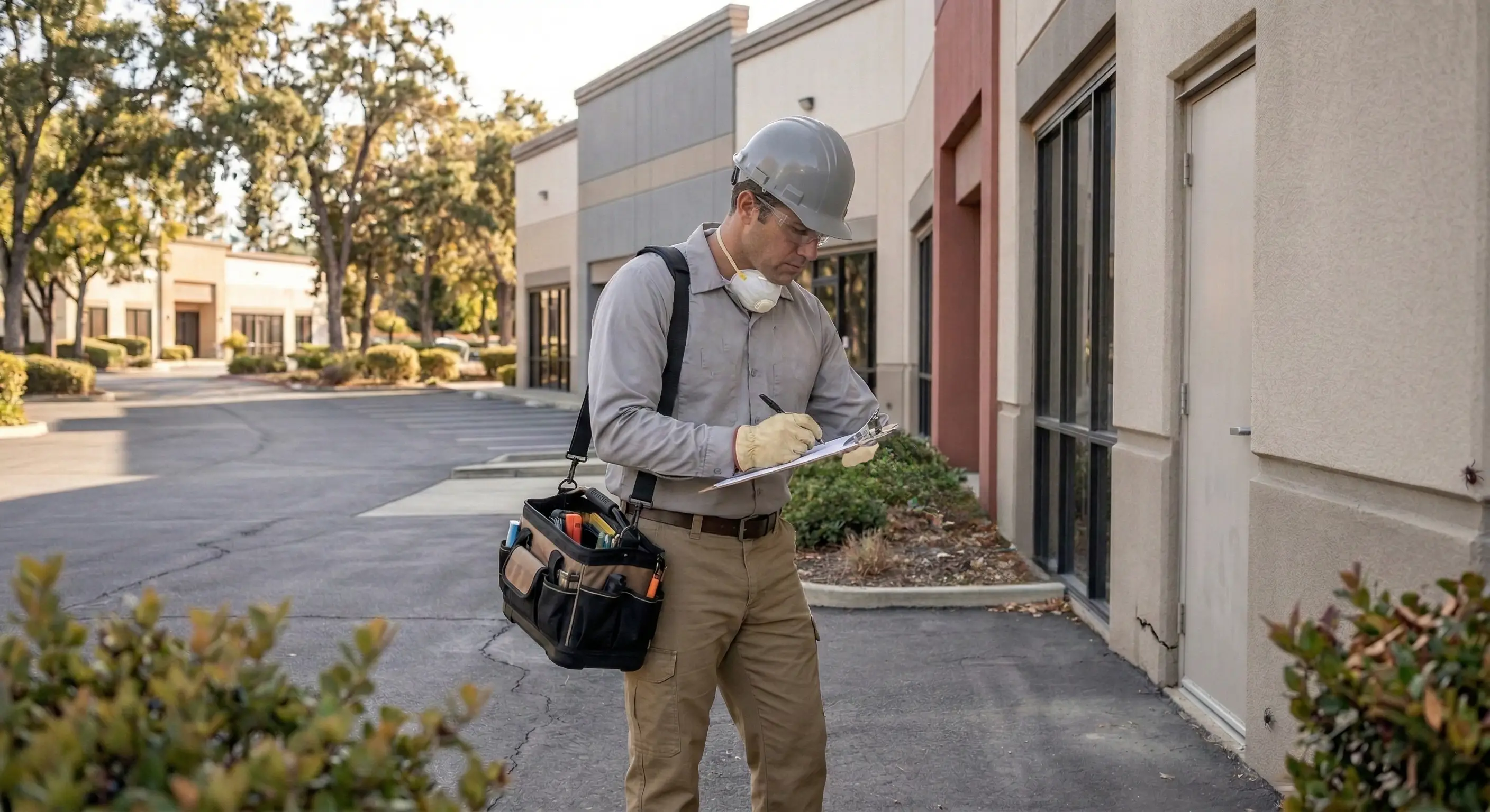 Pest control technician documenting inspection findings in office building
