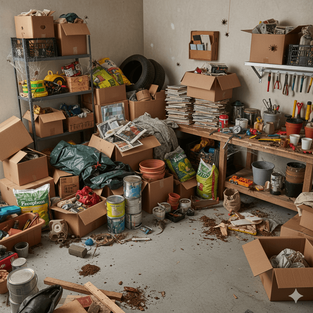 Clutter and debris around home providing shelter for pest populations