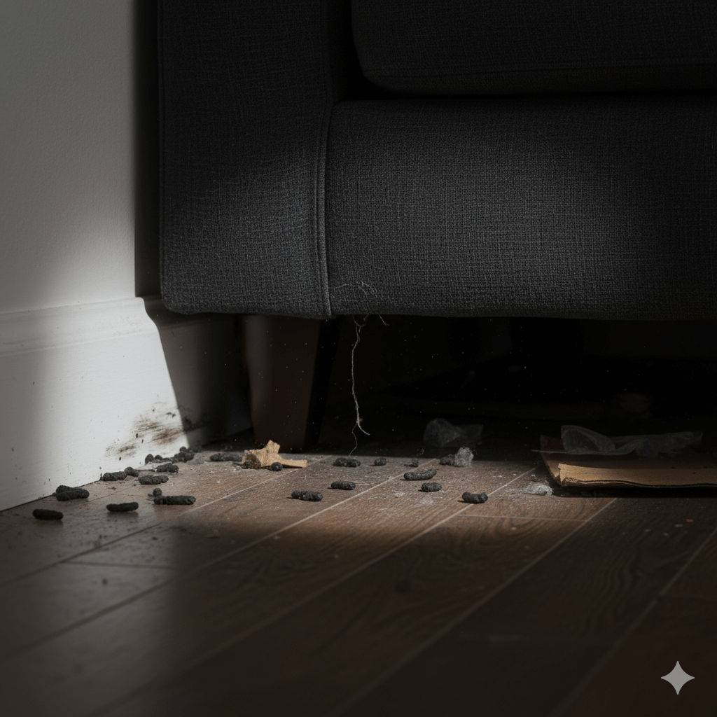Fresh rodent droppings found in dark corners indicating active infestation