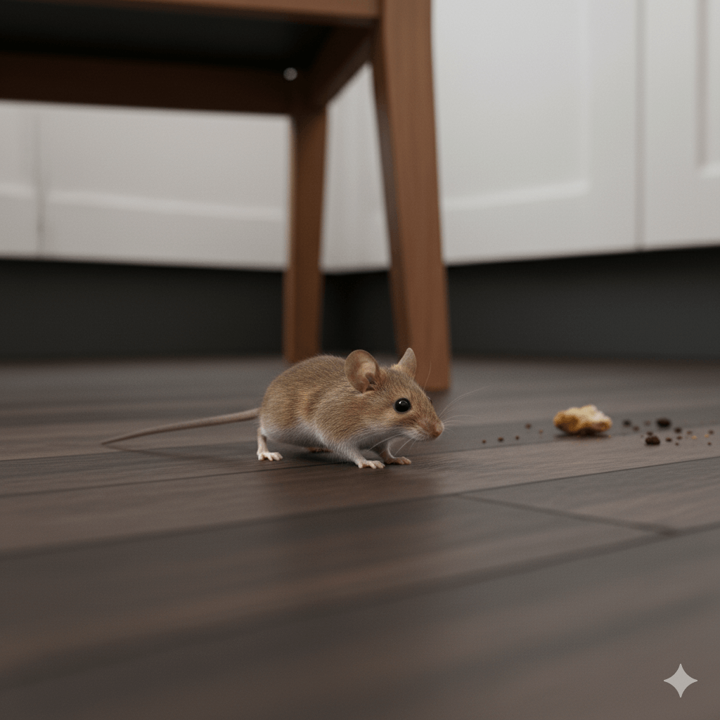 House mice eating crumbs on the floor