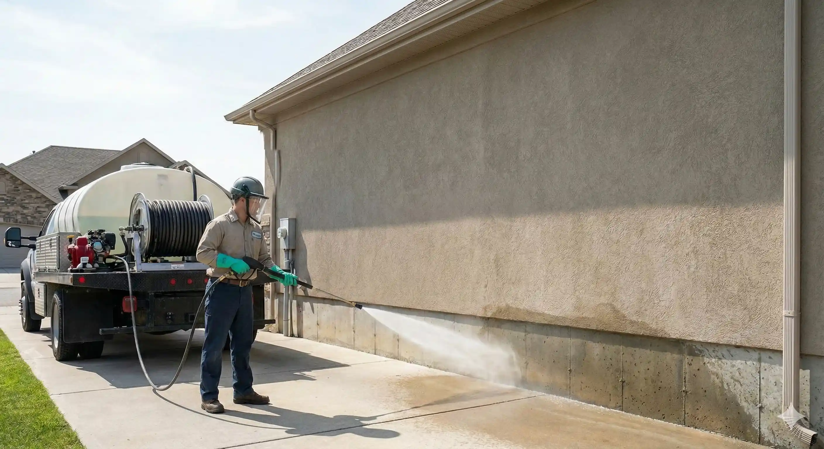 Power spray application on exterior surfaces for scorpion control