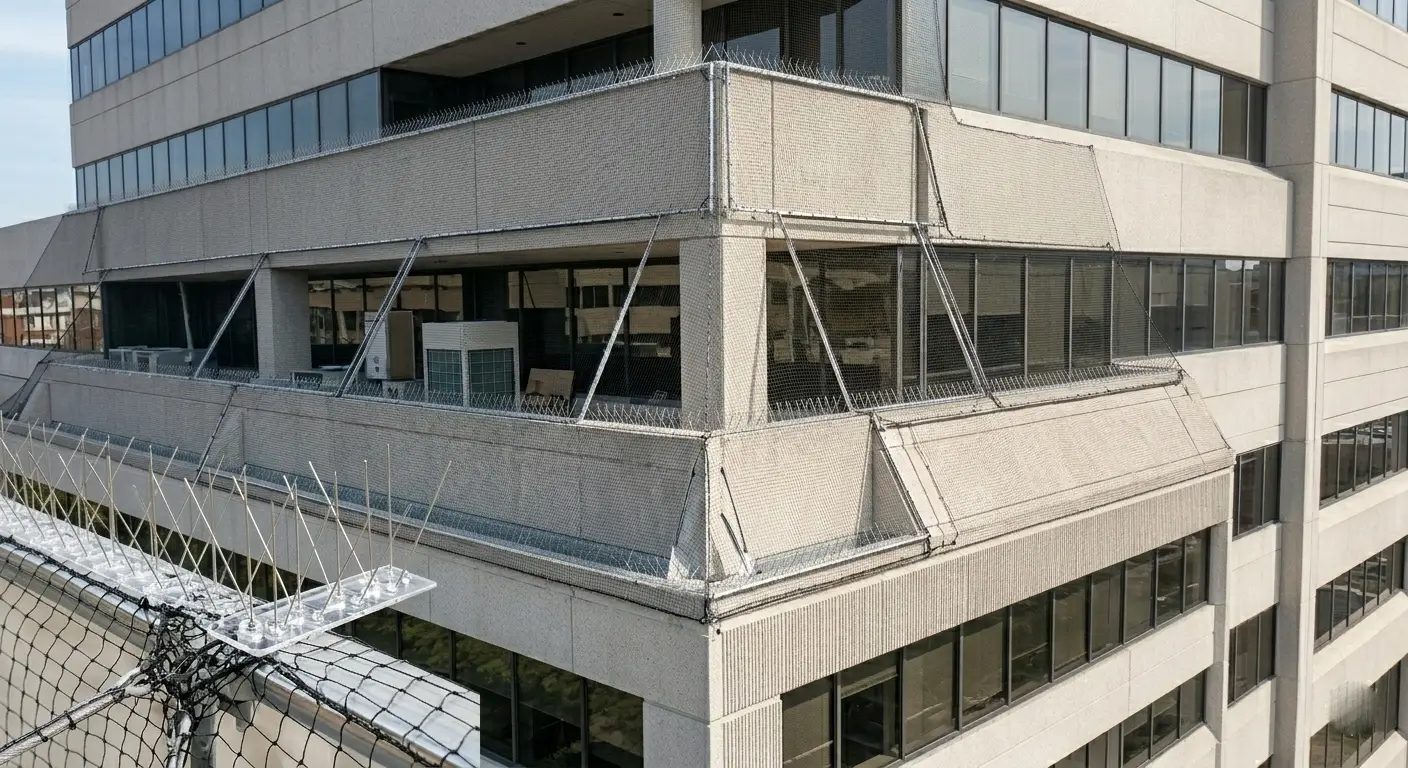 Professional installing bird spikes on building ledge to deter seagulls