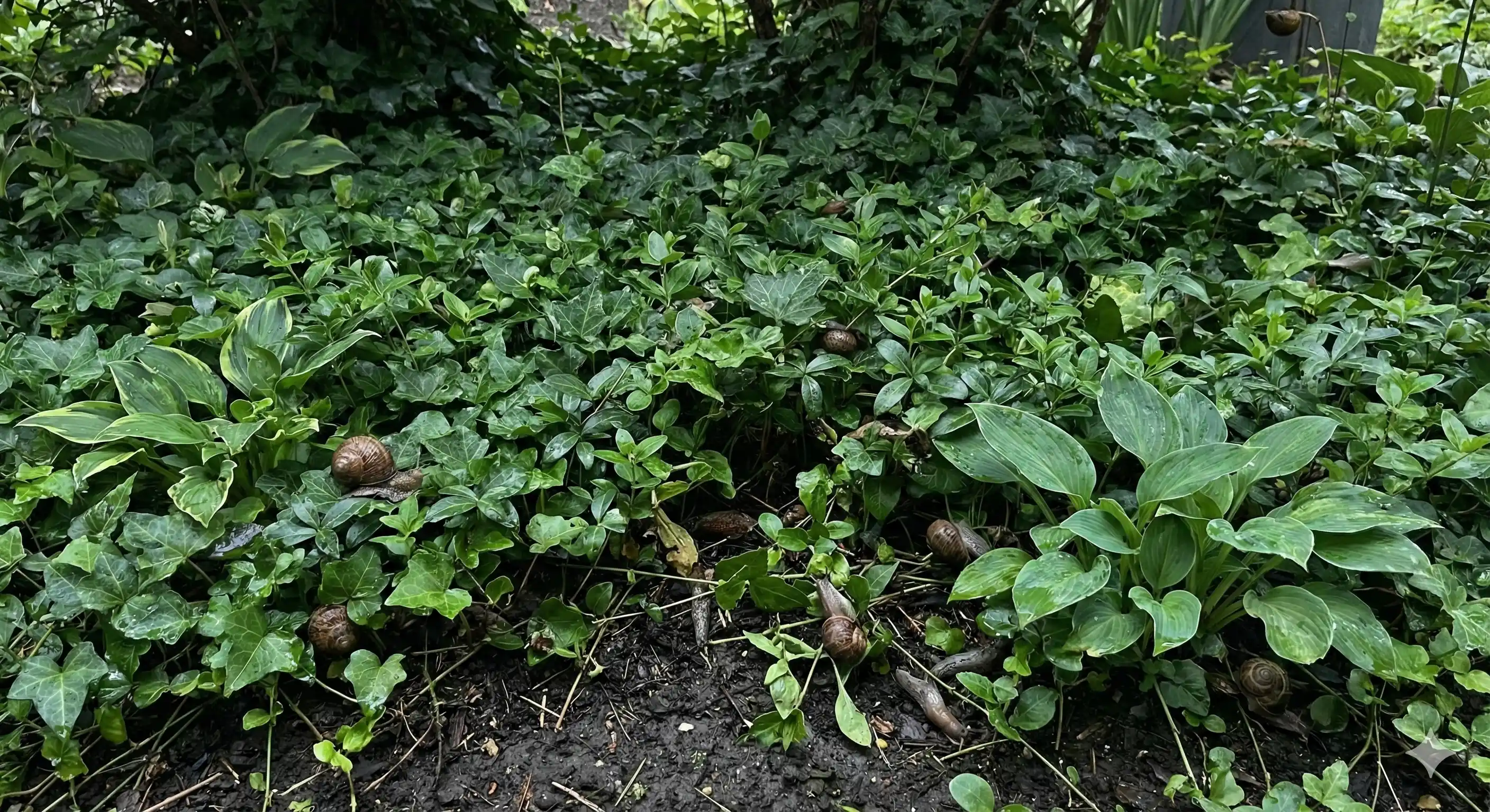 Dense groundcover and vegetation providing snail and slug habitat