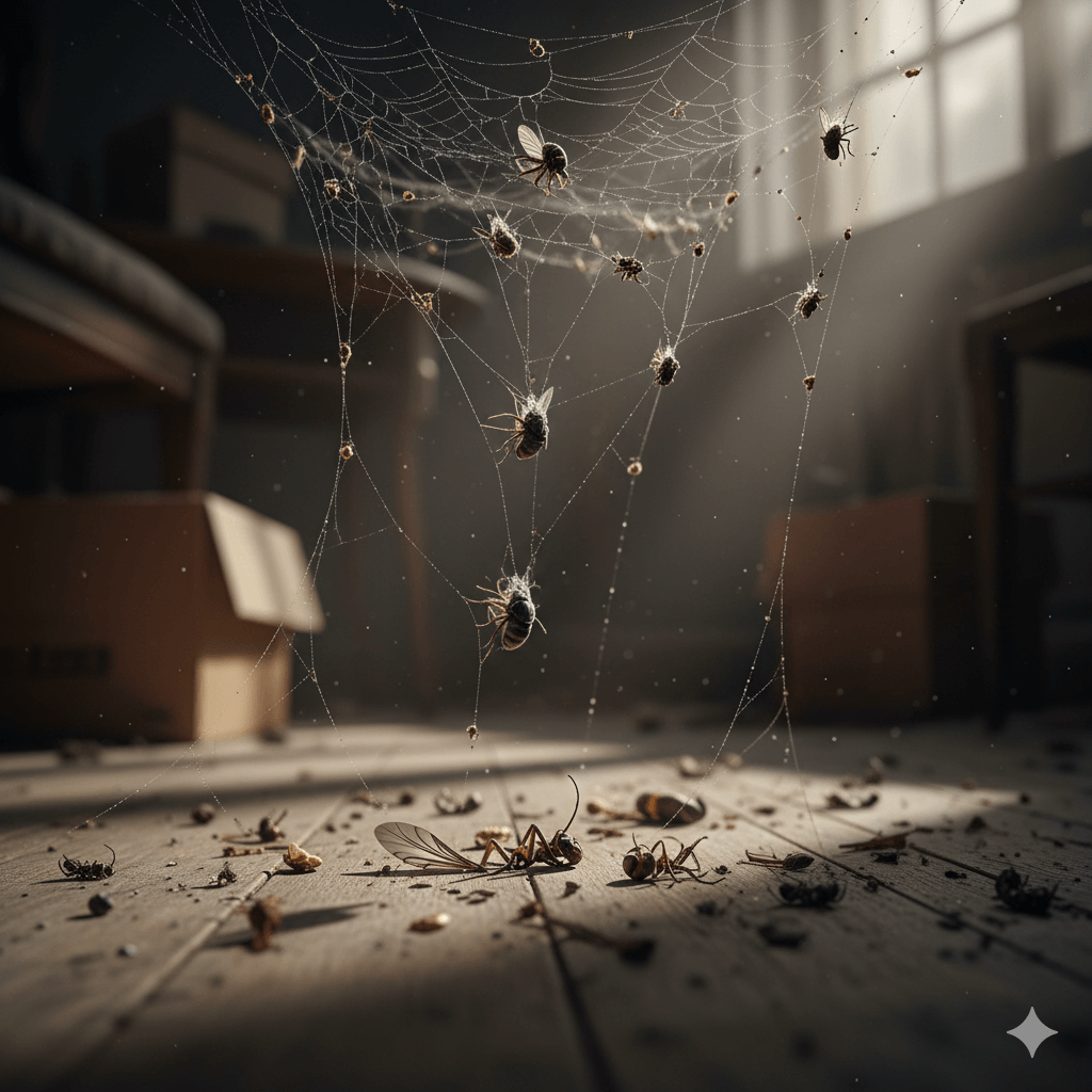 Insect carcasses wrapped in silk below spider web showing active feeding