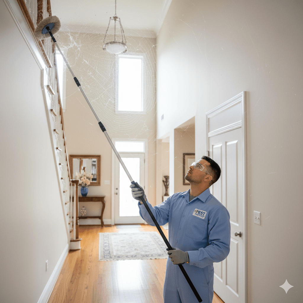 Professional web removal service clearing spider webs from hard to reach areas