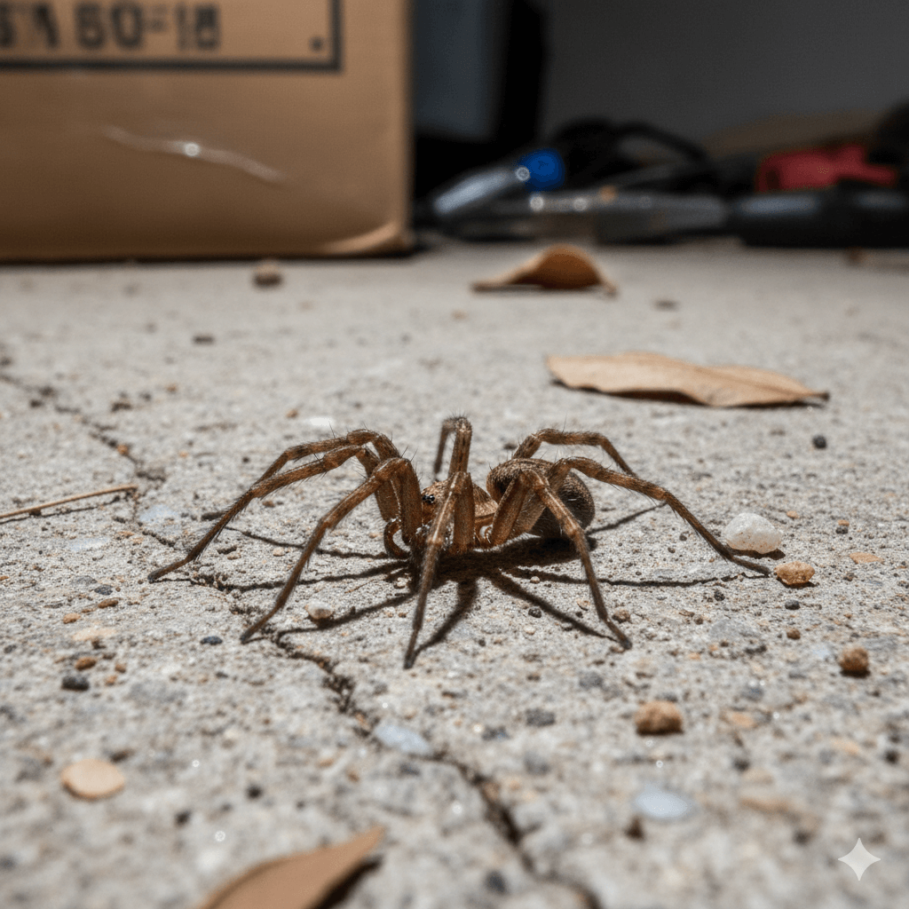 Brown recluse spider displaying characteristic violin shaped marking on brown body