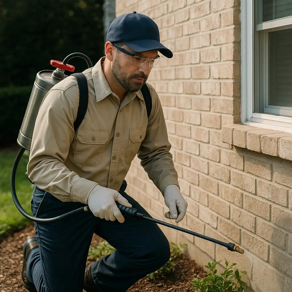 Technician applying liquid termiticide barrier treatment around foundation