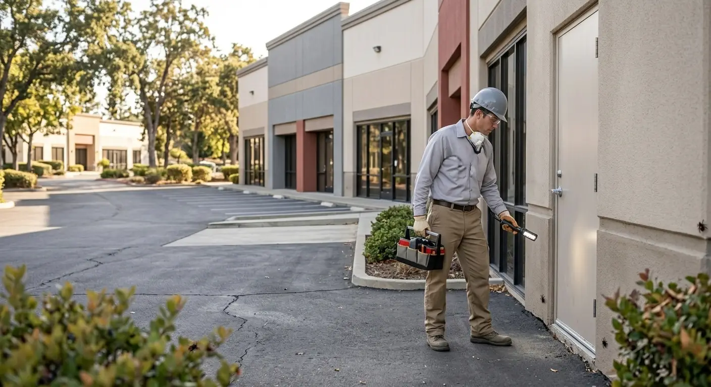 Technician inspecting grocery store shelves for pest activity