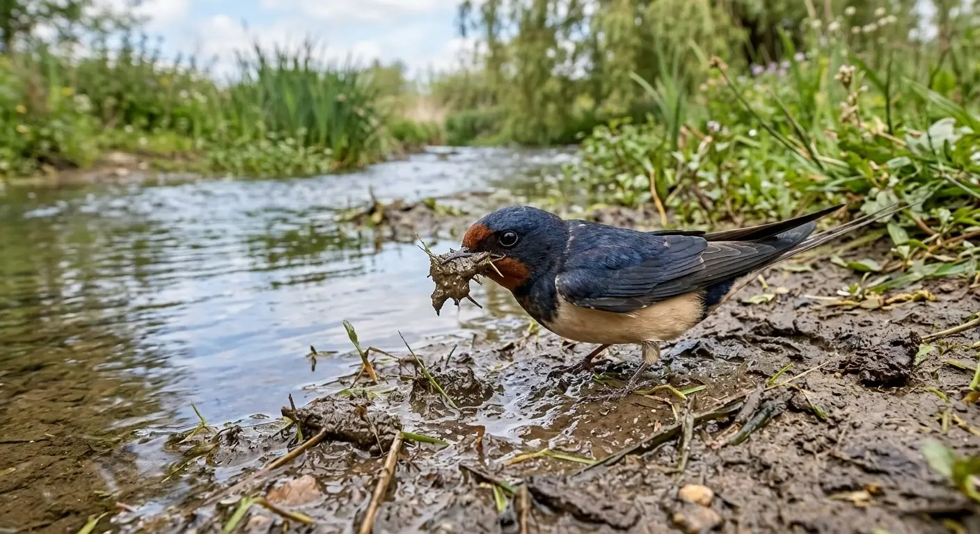 Swallow gathering mud near water source for nest building