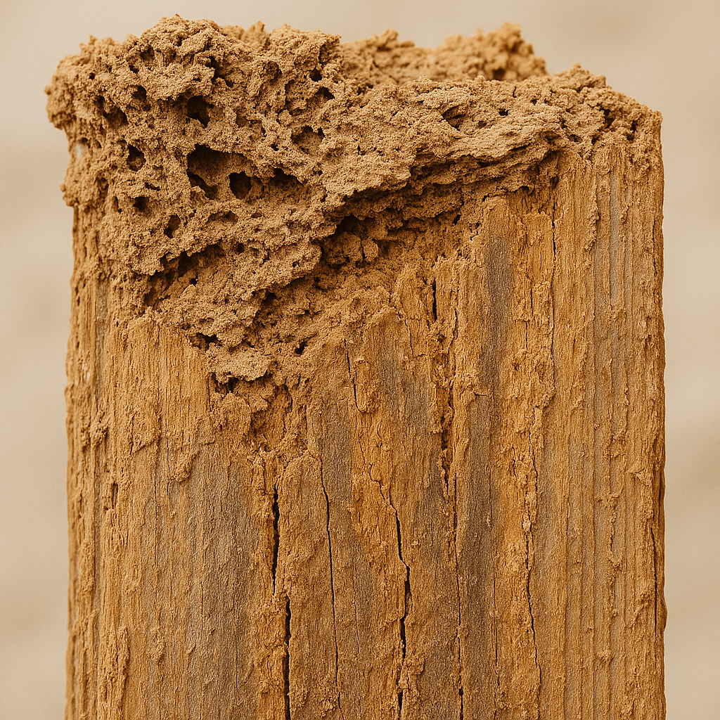 Crumbling wooden beam damaged by termite colony feeding activity