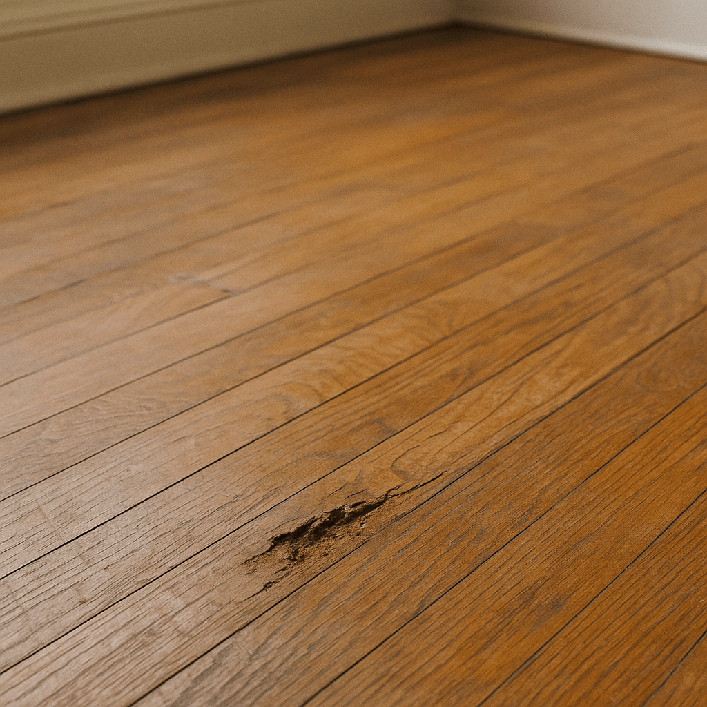 Sagging floor showing structural damage from termite infestation