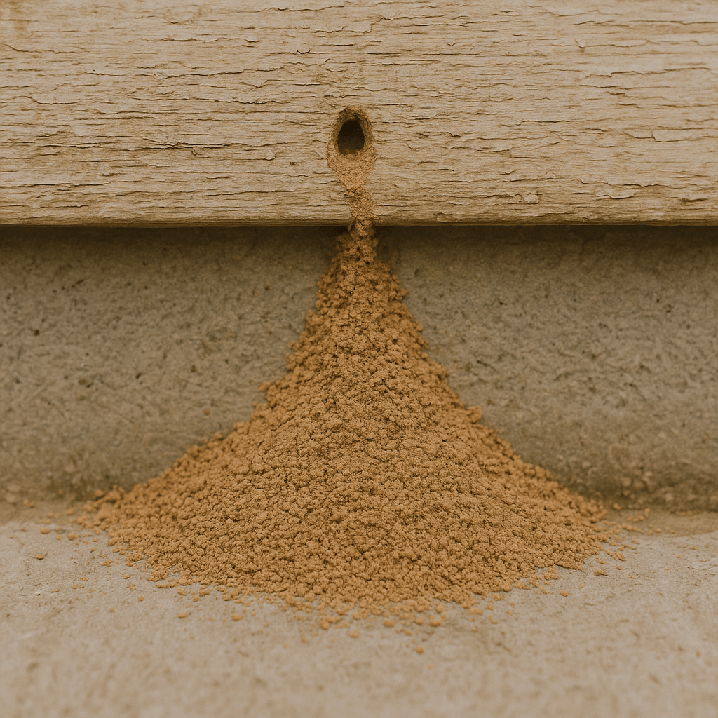 Small piles of sawdust like termite droppings frass near wooden structure