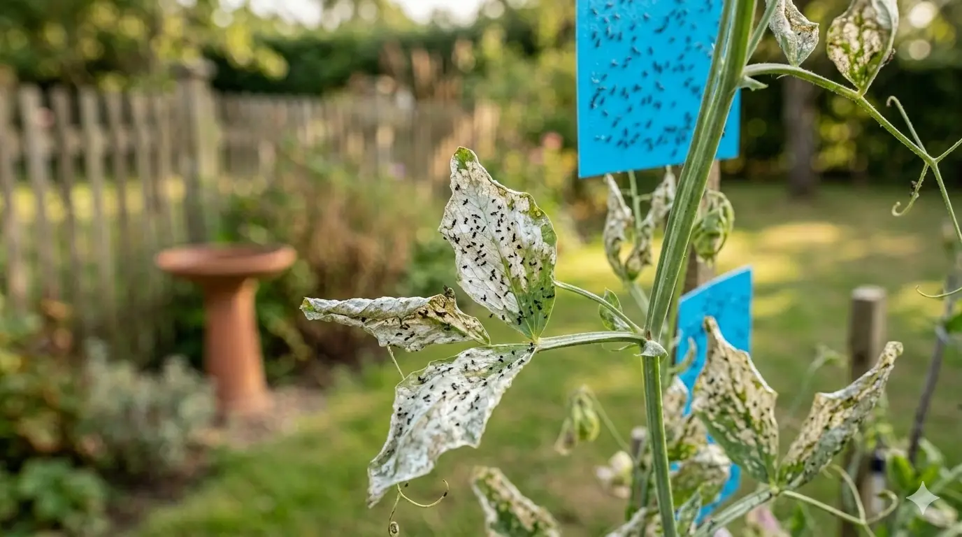Plant leaves showing silvery papery damage from thrips feeding