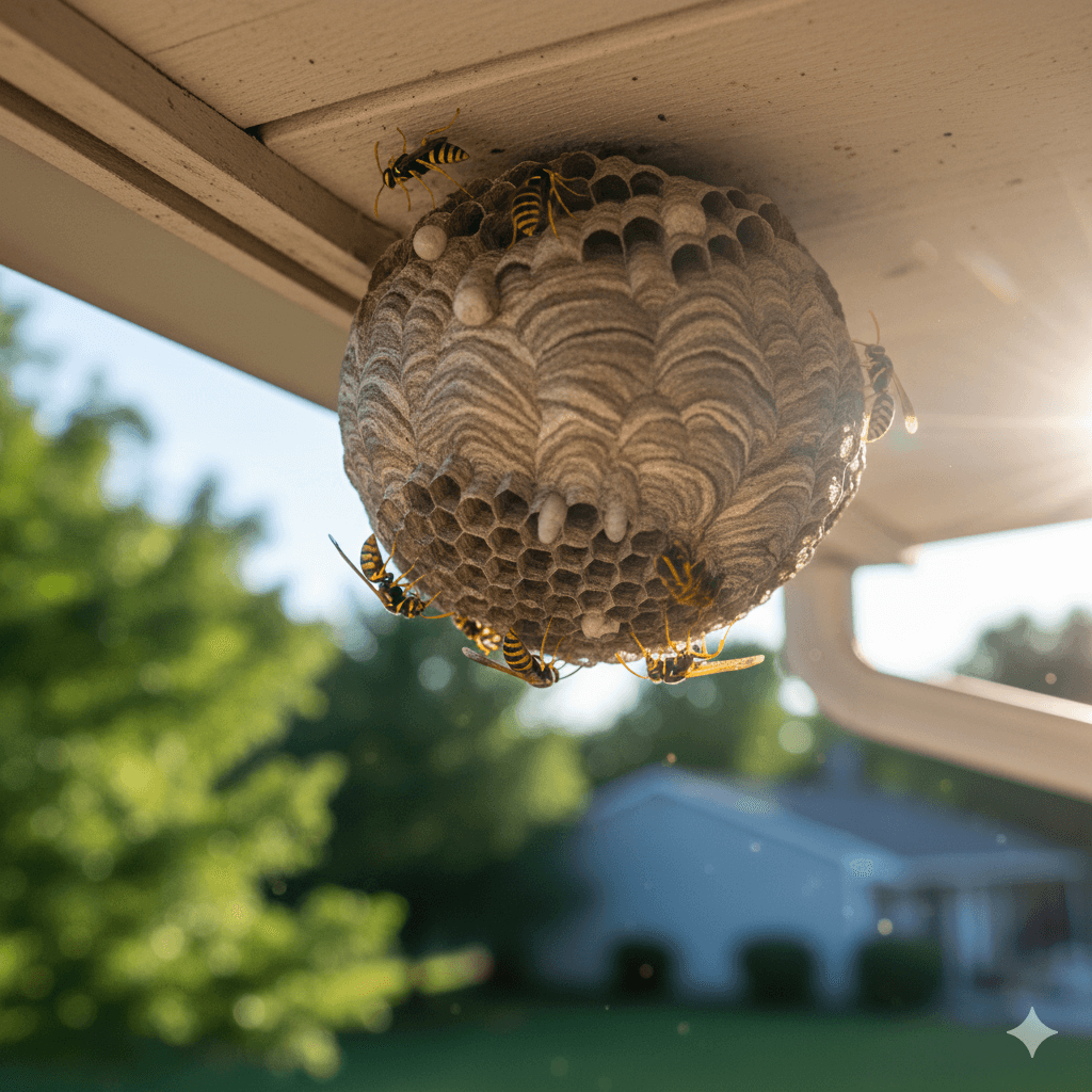 Visible paper wasp nest with umbrella shape hanging from protected eave location