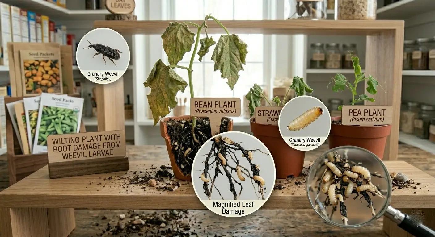 Wilting plant with root damage from weevil larvae