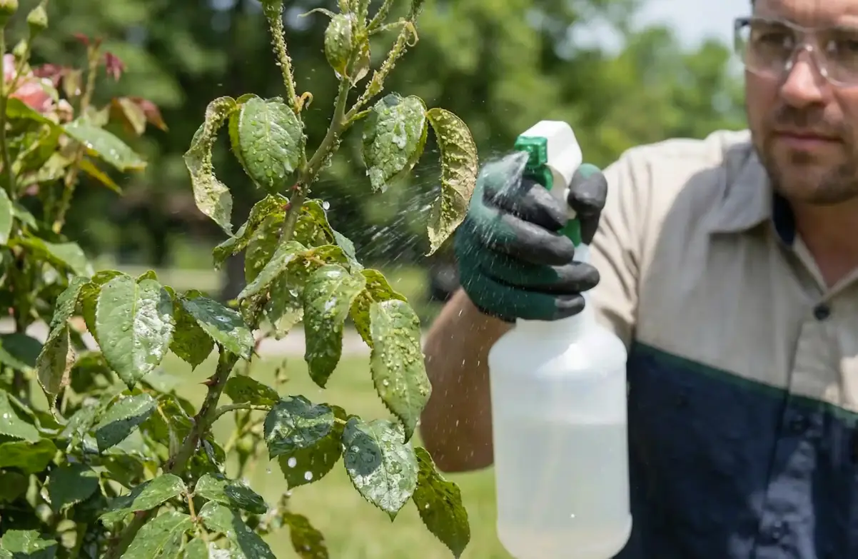 Applying insecticidal soap spray for whitefly treatment