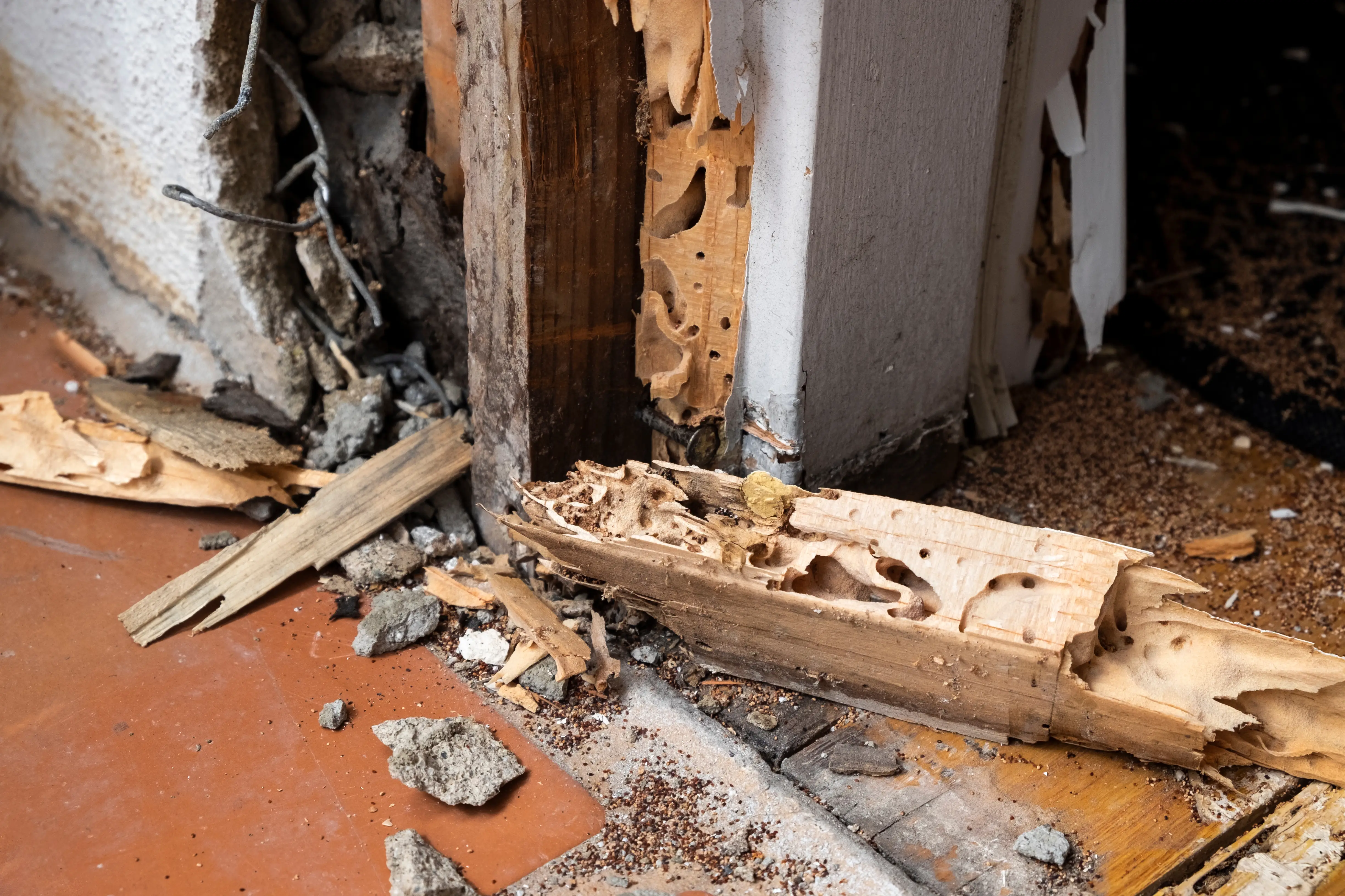 Structural wood damage from severe beetle infestation